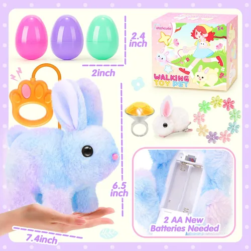 Vista 2 de CatchCute - Conejitos de peluche de Pascua para niños, conejo interactivo con sonidos, puede caminar y mover la cola con correa de control remoto