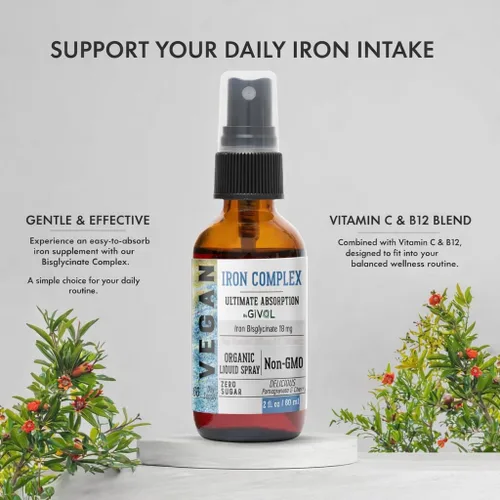 Vista 2 de Suplemento de hierro – Complejo de bisglicinato de 18 mg con vitamina C y B12, aerosol líquido, fácil absorción, sin OMG, sin azúcar, 2 onzas
