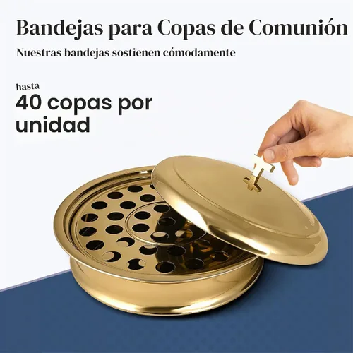 Vista 4 de Bandeja de comunión para iglesia con tapa, acero inoxidable, juego de 3 Latón/dorado brillante