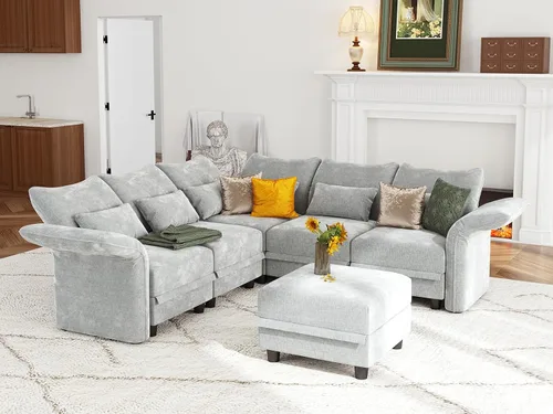 Vista 34 de LLappuil - Sofá seccional en forma de L con almacenamiento, sofás seccionales modulares beige de pana para sala de estar con brazos y respaldos Pana