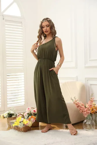 Vista 6 de BALAMY Overol de hombro para mujer, sin mangas, ajustable, con correa para el hombro, pierna ancha, boho
