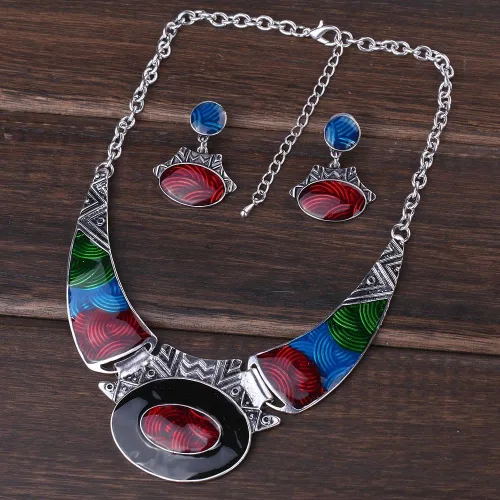 Vista 3 de YAZILIND Conjunto de joyas de collar con peto ovalado en relieve de color étnico para mujer Esmalte