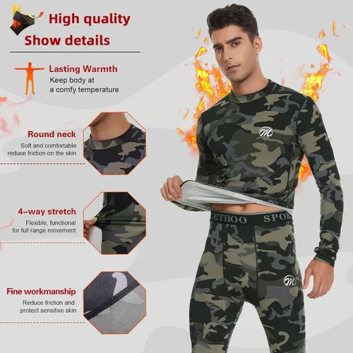 Vista 3 de Conjunto de ropa interior térmica para hombre, capa base de compresión, ropa de invierno con forro polar largo, ropa de correr y esquiar