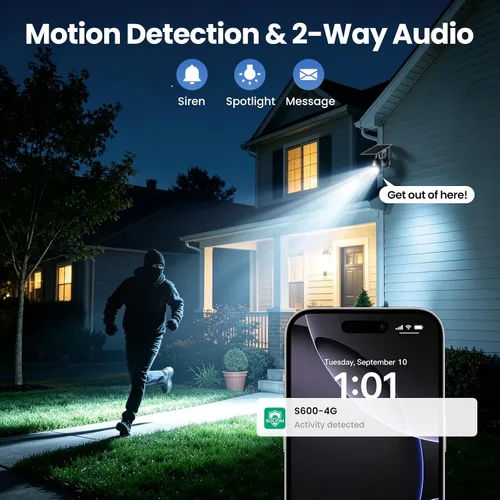 Vista 7 de SOLIOM 4G LTE Security Camera, Solar Wireless Cellular Security Camera, 360° Pan Tilt View with Spotlight, 1080P Night Vision, 2-Way Talk, PIR