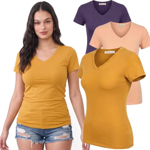 Vista 194 de Emmalise Camiseta de manga corta para mujer, cuello en V, tallas junior y plus