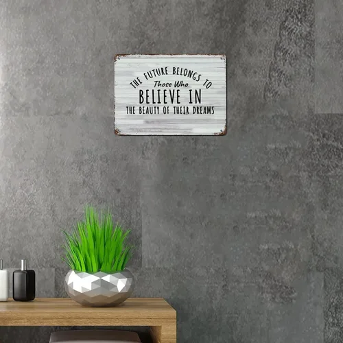 Vista 5 de LUIJORGY Letrero de metal con cita familiar con texto en inglés "The Future Belongs to Those Who Believe in The Beauty of Its Dreams", divertido