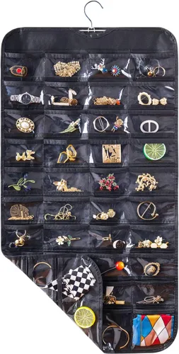 Vista 19 de Bloss Organizador colgante de joyas con 80 bolsillos, colgador de joyas de doble cara para almacenamiento de joyas y aretes, organizadores de joyas