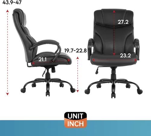 Vista 3 de Silla de oficina grande y alta, asiento ancho de 500 libras, silla de escritorio con brazos de apoyo lumbar, respaldo alto, piel sintética, silla