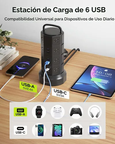 Vista 5 de Regleta de alimentación con protector de sobretensión de torre, JACKYLED 16 tomas 6 USB (2 USB C) estación de carga, cable de extensión con Negro