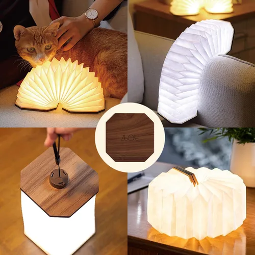 Vista 7 de Originality - Lámpara de acordeón plegable, lámpara de escritorio de madera portátil, regalos japoneses, linterna de papel LED creativa con USB