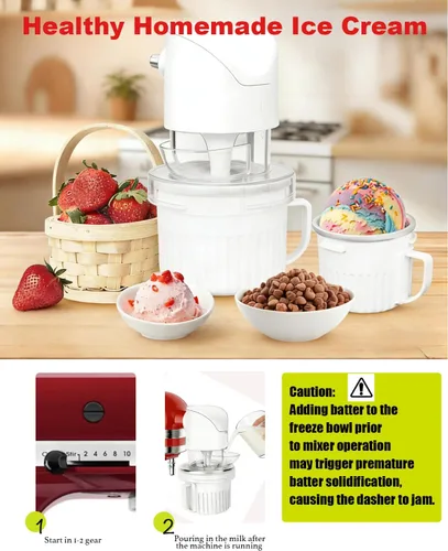 Vista 3 de Accesorio de heladera de dos tazones compatible con todas las batidoras de pie KitchenAid, lote doble de 1/4 cuarto de galón helado casero, gelato