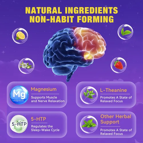 Vista 3 de Gomitas para dormir sin melatonina para adultos con magnesio, raíz de valeriana, 5-HTP y mezcla de hierbas, suplementos naturales para ayudar al