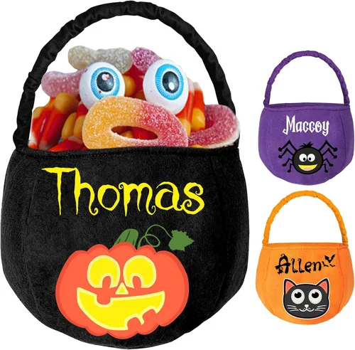 Vista 11 de Cubo de Halloween personalizado con nombre personalizado para trucos o tratos, bolsa de dulces personalizada para niños, bolsas de lona grandes