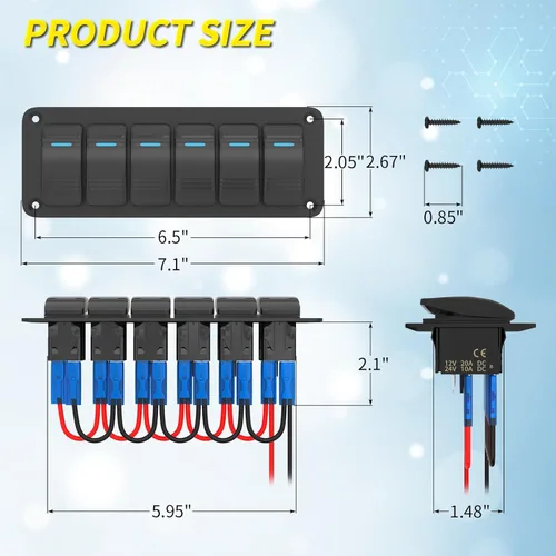 Vista 2 de Joinfworld Panel de Interruptor Basculante de 6 Posiciones 12V Panel de Interruptor de Barco Marino Impermeable 12 Voltios Luz LED Azul Panel