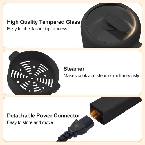 Vista 7 de HYTRIC Olla eléctrica con vaporizador, sartén antiadherente portátil de 1.5 L, cocina eléctrica para carne, huevo, pasta, olla de ramen con doble