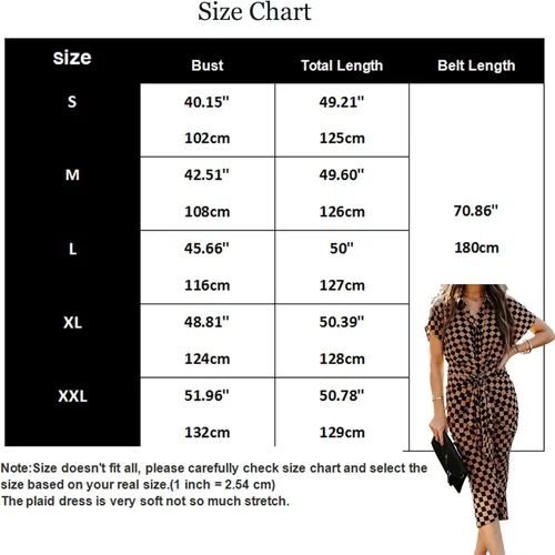Vista 7 de Vestidos casuales a cuadros para mujer vestido de verano de manga corta solapa con botones fruncidos en la parte delantera cintura elegante vestido