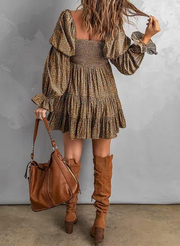 Vista 2 de Dokotoo Vestido de otoño 2024 para mujer, elegante, hombros descubiertos, cuello en V, manga larga, volantes, mini vestidos cortos para patinadora
