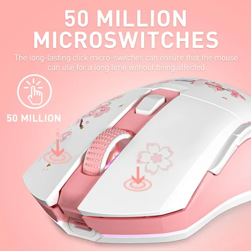 Vista 4 de DAREU Ratón inalámbrico Sakura rosa para juegos con base de carga recargable RGB, DPI de 12K, 6 botones programables con sensor de alta precisión