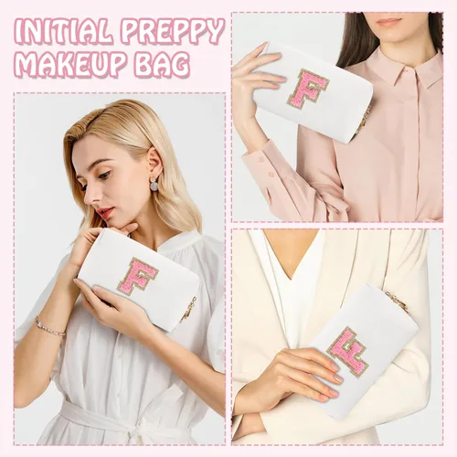 Vista 5 de Biileen Bolsa de Maquillaje Preppy Personalizada con Inicial Pequeña Bolsa de Viaje Linda con Letra de Chenilla, blanco-1, F