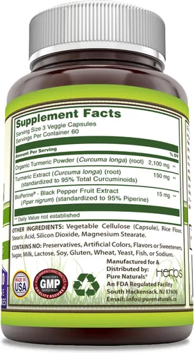 Vista 2 de Pure Naturals Curcumina de cúrcuma con bioperina 2250 mg por porción suplemento Cápsulas vegetales Sin OMG Sin gluten Fabricado en Estados