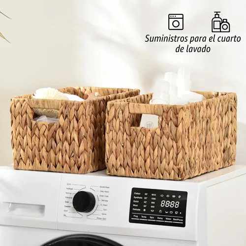 Vista 6 de Cestas rectangulares de mimbre de jacinto de agua, cesta de mimbre de 12 pulgadas, paquete de 2 cestas de almacenamiento tejidas con asas