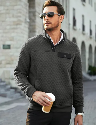 Vista 3 de JMIERR Sudadera acolchada para hombre, casual, de manga larga, cuello alto, con botones