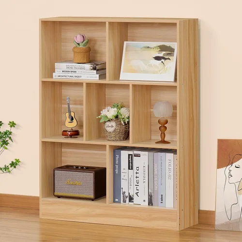 Vista 13 de LEYAOYAO Estantería moderna de 5 cubos de madera marrón de mediados de siglo, estante organizador de almacenamiento de 3 niveles, gabinete
