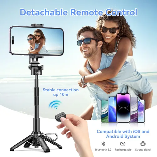 Vista 5 de Mini trípode retráctil para teléfono celular, trípode portátil para selfie stick de viaje con soporte para teléfono celular de control remoto
