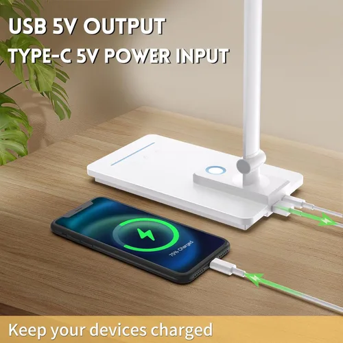 Vista 6 de Lámpara de escritorio LED para oficina en casa, puerto de carga USB, luz de escritorio de lectura con 5 temperaturas de color, atenuación continua