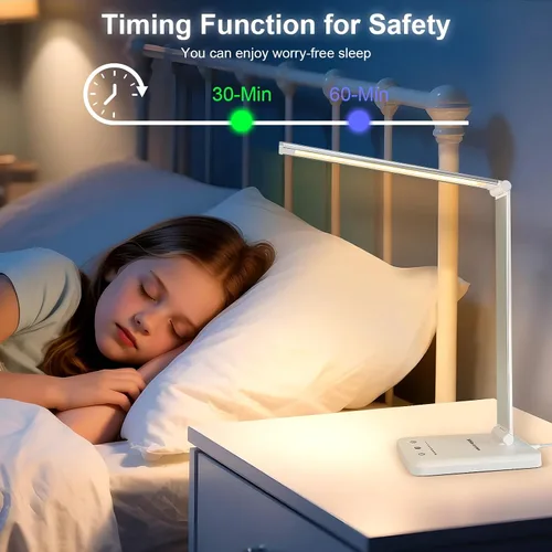 Vista 8 de Lámpara de escritorio LED White Crown regulable, lámpara de mesa para lectura con puerto de carga USB, 5 modos de iluminación, control sensible