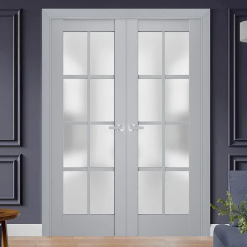 Vista 2 de Puertas dobles francesas de interior sólido de 36 x 80 pulgadas Veregio 7412 gris mate con vidrio esmerilado Marcos de panel sólido de madera
