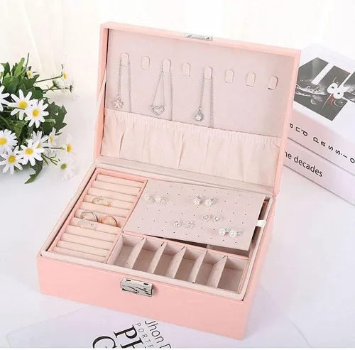 Vista 6 de NuAngela Joyero organizador grande para mujeres y niñas, estuche de almacenamiento de joyas de 2 capas, soporte de joyería de piel sintética