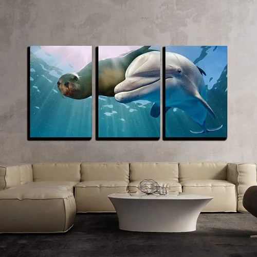 Vista 2 de wall26 - Arte de pared en lienzo de 3 piezas, delfín y león marino bajo el agua sobre fondo del océano mirándote - Arte moderno para el hogar