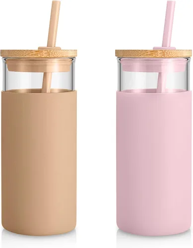 Vista 21 de Tronco Vaso de vidrio de 20 onzas con tapa y popote, taza de café helado y vaso para batido con tapas de bambú y funda protectora de silicona, apto