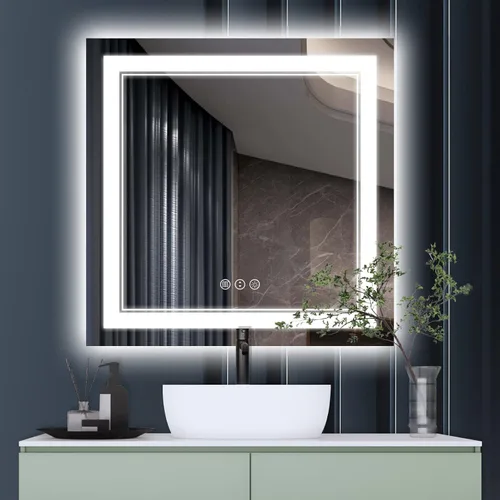 Vista 39 de Espejo de baño LED de 24 x 28 pulgadas, luz frontal y retroiluminada, antiniebla, regulable, espejo de tocador iluminado con memoria, espejo LED