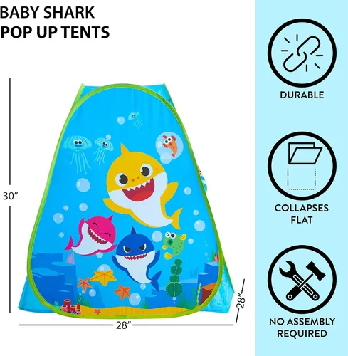 Vista 2 de Baby Shark - Tienda de campaña desplegable para niños, 28 x 28 x 30 pulgadas, casa de juegos plegable para interiores y exteriores, ligera