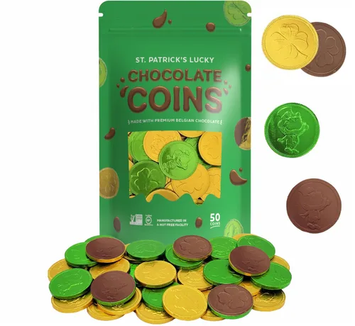 Vista 8 de Día de San Patricio, 25 monedas verdes y doradas, sin nueces, bolsa resellable Kosher (paquete de 25)