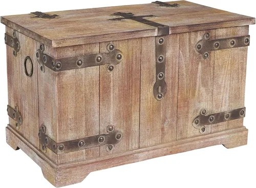 Vista 12 de Household Essentials Baúl decorativo de estilo victoriano, acabado en madera envejecida y acentos metálicos, con tapa completamente abierta y asas
