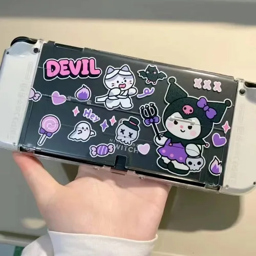 Vista 2 de ENFILY Cute Kuromi Case Compatible with Nintendo Switch OLED 2021 Dockable Case Cover Ergonomic Soft TPU Grip Case for Joycon Sparkle Skin Set with