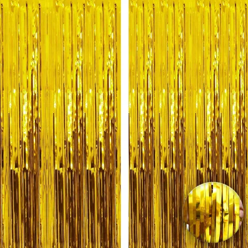 Vista 2 de Telón de fondo de cortina con flecos dorados, 3.2 x 10 pies, paquete de 2, cortinas metálicas de aluminio dorado para decoración, globos de novia