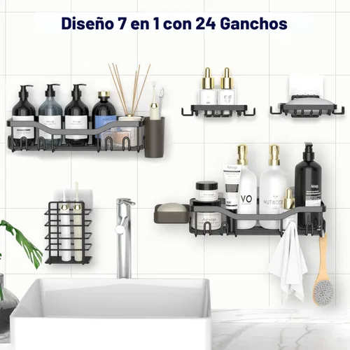Vista 4 de NESOMI Organizador de Ducha Adhesivo Juego de 7 Piezas, Estantes de Baño de Acero Inoxidable a Prueba de Óxido, Accesorios de Almacenamiento sin