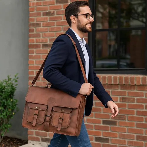 Vista 2 de Bolsa de mensajero de cuero para hombres y mujeres de 18 pulgadas, maletín grande vintage, bolso de hombro para laptop, bolsa bandolera unisex