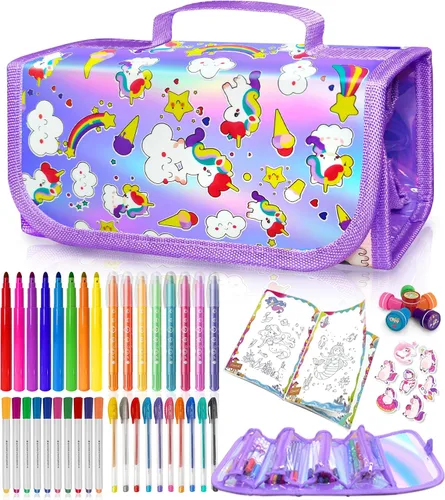 Vista 8 de weirtoya 56 marcadores perfumados lavables con estuche con purpurina, arte y manualidades de unicornio de sirena para niños de 4 a 8 años, kits
