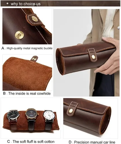 Vista 5 de XWWDP - Reloj suave y arrugado de cuero genuino con bolsillo para joyería organizador de viaje caja enrollable color marrón