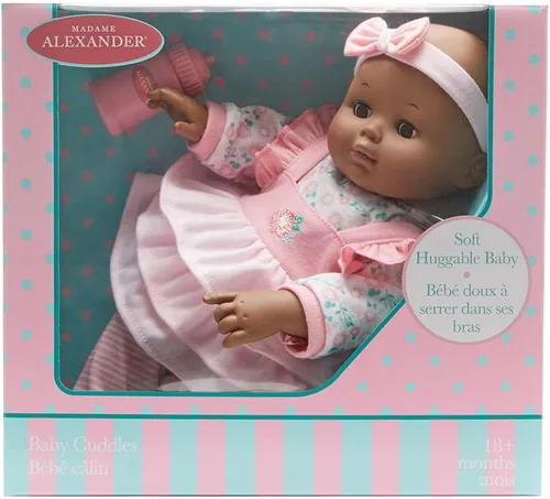 Vista 2 de Madame Alexander Muñeca Bebé Cuddles de 14 Pulgadas con Biberón, Rosa Floral, Tono de Piel Oscuro