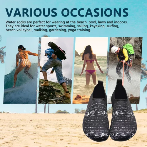 Vista 4 de Valennia Zapatos de agua para hombre y mujer, sin cordones, de secado rápido, ligeros, calcetines acuáticos para playa, natación, yoga, deportes al