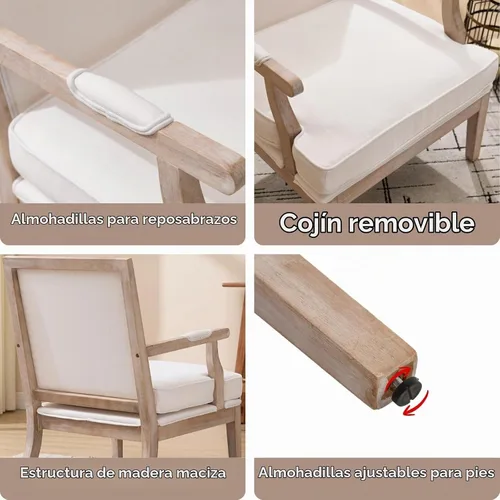 Vista 3 de Silla decorativa moderna de granja, sillón tapizado ancho de lino con reposabrazos, silla de lectura de madera maciza de campo francés para sala