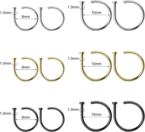Vista 2 de AccGin Juego de aros de nariz de 0.63 oz20 G, en forma de D, piercing de nariz fino, joyería para nariz, tornillo, tabique, labio, tragus