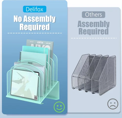 Vista 4 de Delifox Organizador de escritorio inclinado, soporte de archivos de 5 secciones con bandeja vertical para carpetas, estante de metal clasificador