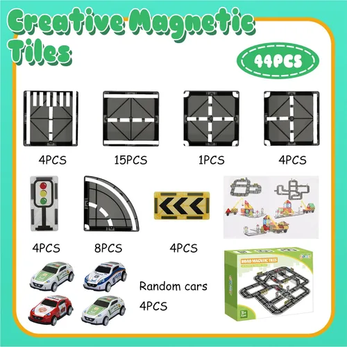Vista 6 de Juego de azulejos magnéticos para carretera con coche de retroceso para Negro